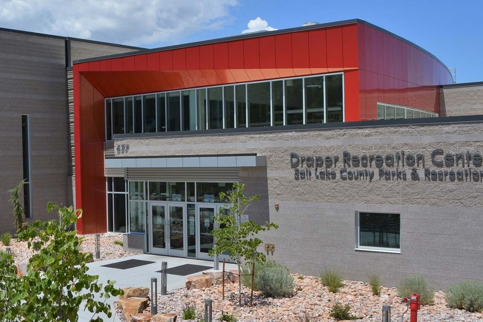 Front of Draper Recreaction Center building, a two story modern design